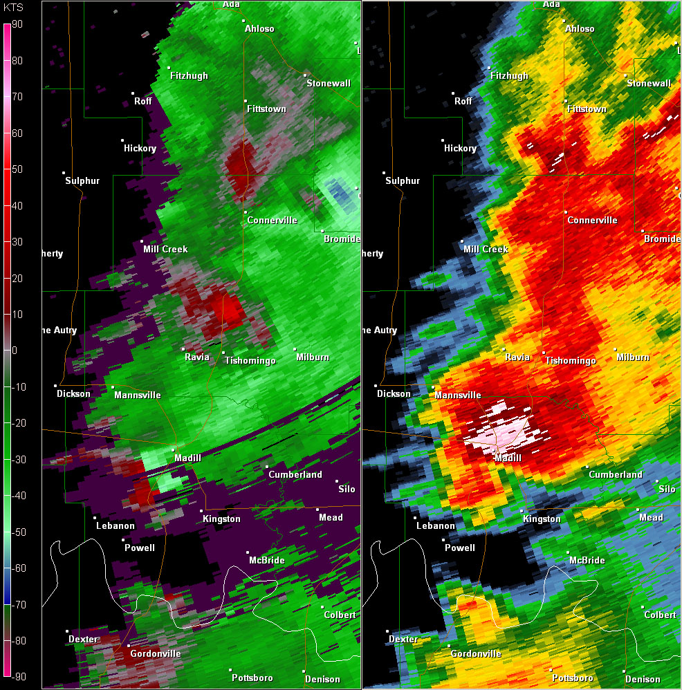 Twin Lakes, OK (KTLX) Radar Reflectivity and Storm Relative Velocity at 7:45 PM CDT on 5/24/2011