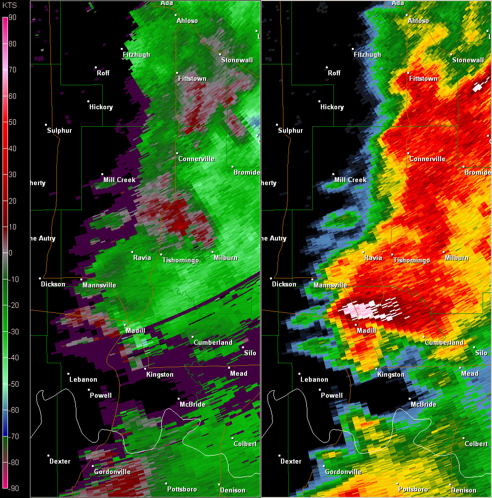 Twin Lakes, OK (KTLX) Radar Reflectivity and Storm Relative Velocity at 7:49 PM CDT on 5/24/2011