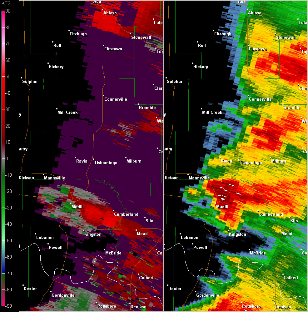 Fort Worth, TX (KFWS) Radar Reflectivity and Storm Relative Velocity at 7:51 PM CDT on 5/24/2011