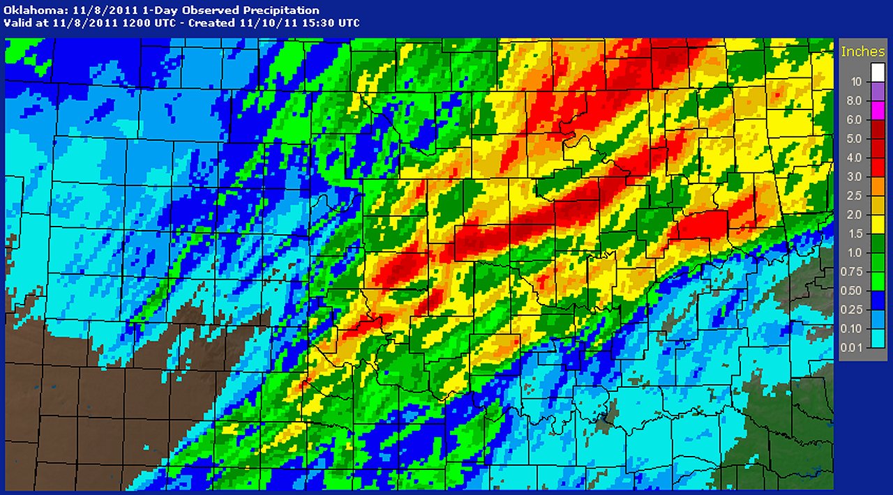 24-hour Multisensor Precipitation Estimate Map for Oklahoma and Western North Texas ending at 6 AM CST on November 8, 2011