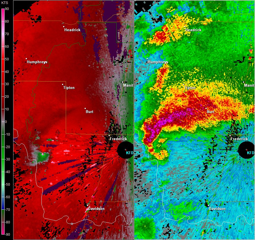 Frederick, OK (KFDR) Radar Images of Storm Relative Velocity and Reflectivity at 2:43 PM CST on November 7, 2011