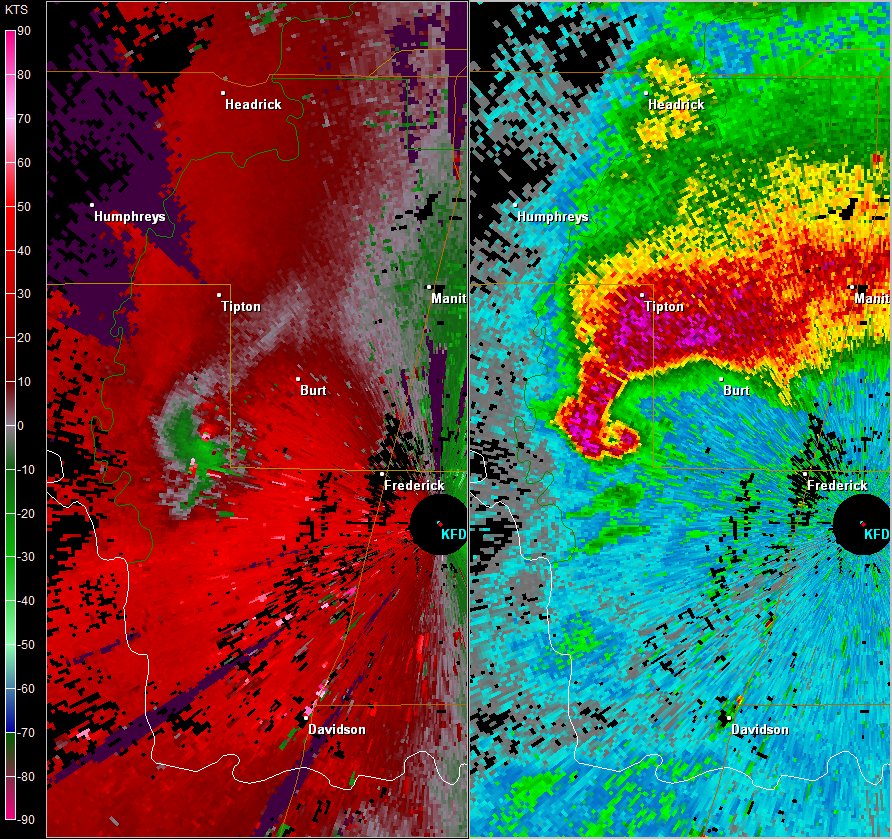 Frederick, OK (KFDR) Radar Images of Storm Relative Velocity and Reflectivity at 2:51 PM CST on November 7, 2011