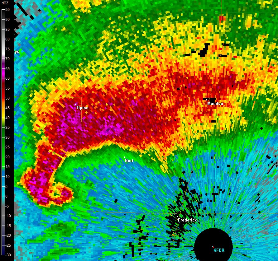 Radar Reflectivity of a tornado-producing supercell south of Tipton, OK