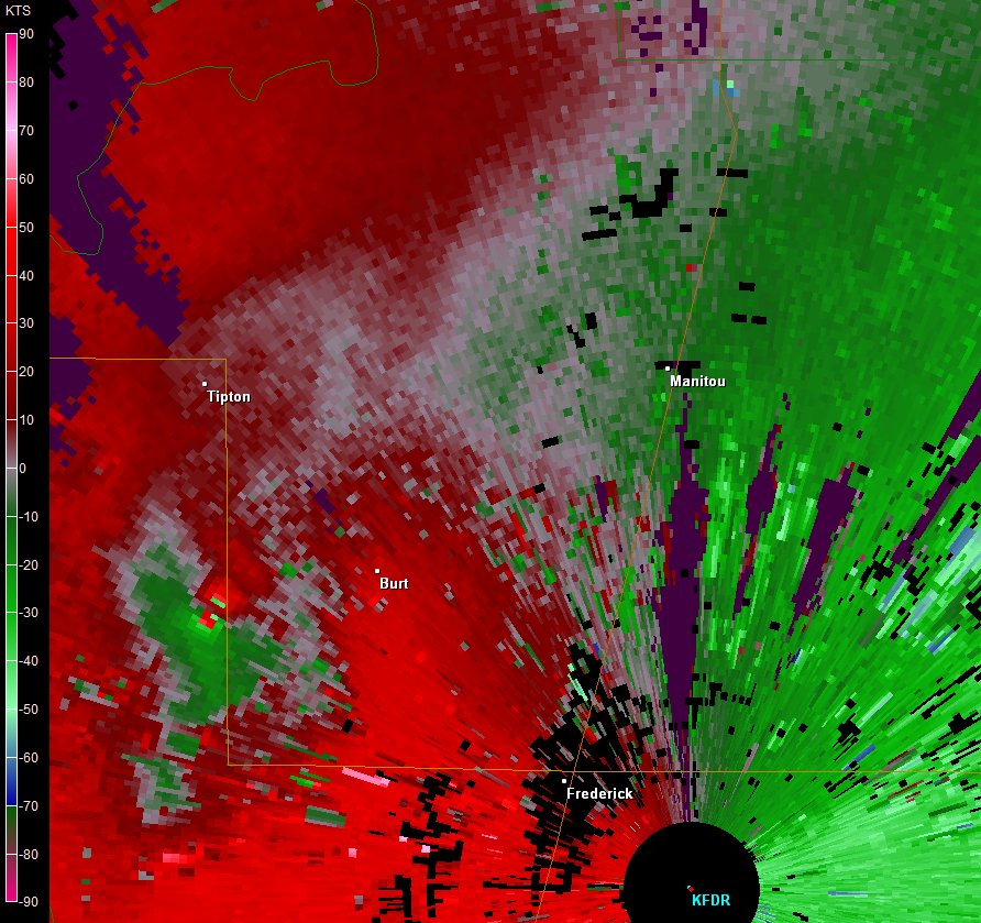 Frederick, OK (KFDR) Radar Images of Storm Relative Velocity at 2:56 PM CST on November 7, 2011 in the Tipton, Oklahoma Area