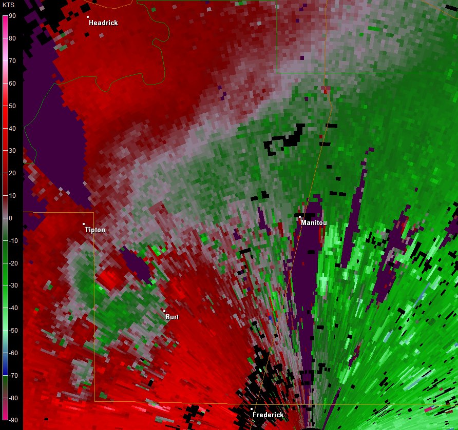 Frederick, OK (KFDR) Radar Images of Storm Relative Velocity at 3:00 PM CST on November 7, 2011 in the Tipton, Oklahoma Area