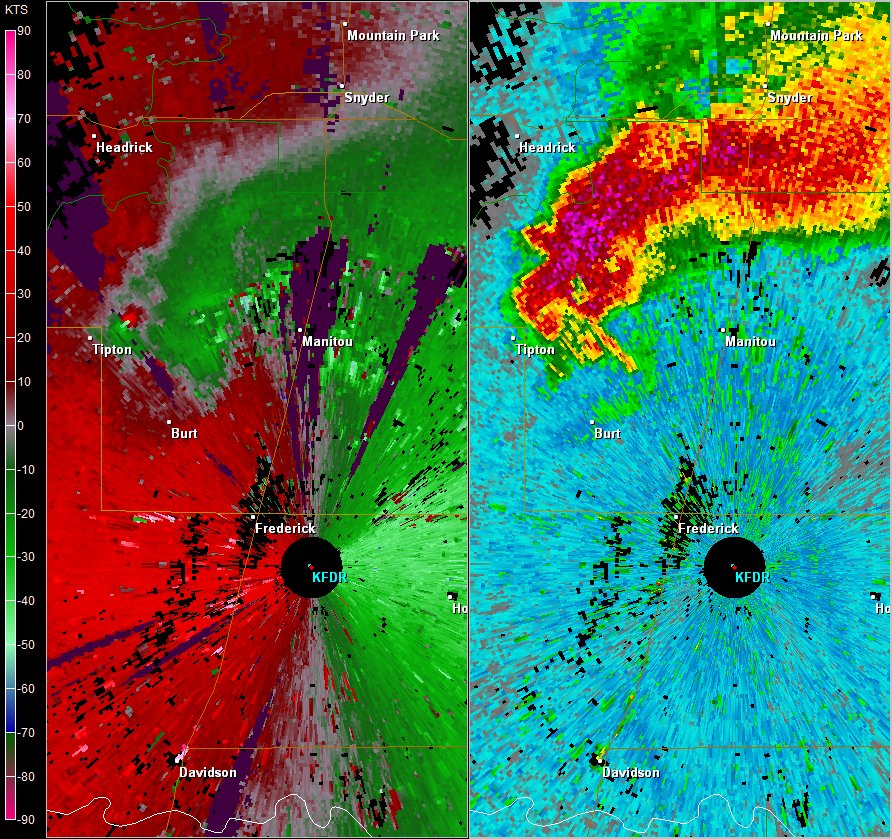 Frederick, OK (KFDR) Radar Images of Storm Relative Velocity and Reflectivity at 3:08 PM CST on November 7, 2011