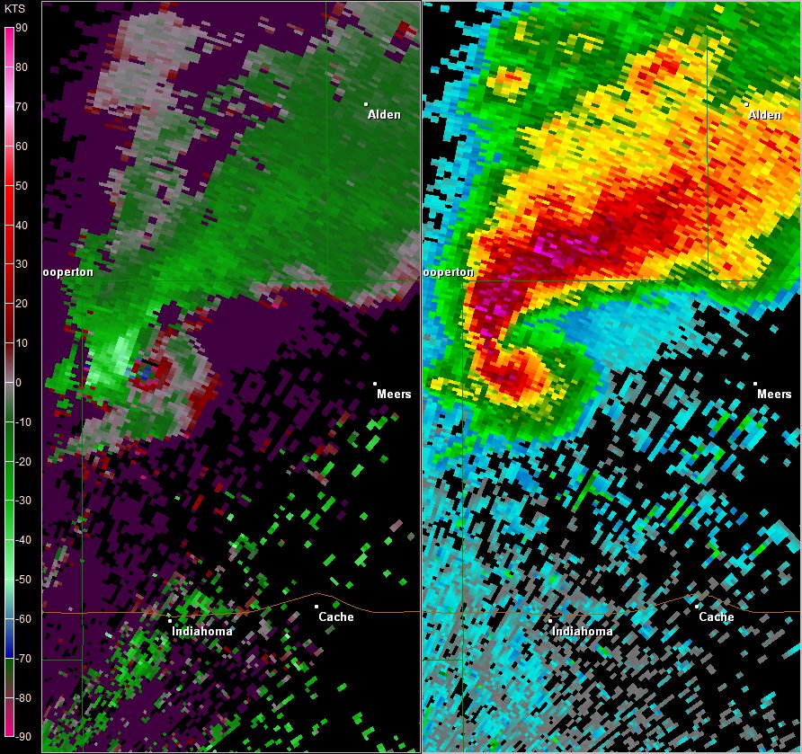 Frederick, OK (KFDR) Radar Images of Storm Relative Velocity and Reflectivity at 4:00 PM CST on November 7, 2011