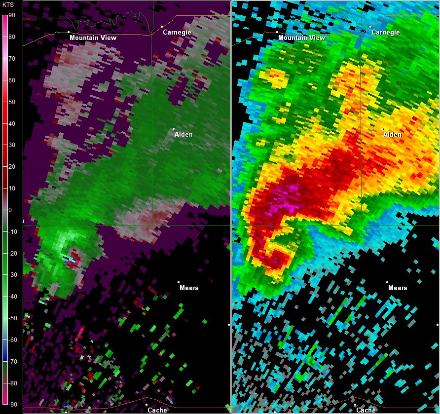 Frederick, OK (KFDR) Radar Images of Storm Relative Velocity and Reflectivity at 4:08 PM CST on November 7, 2011