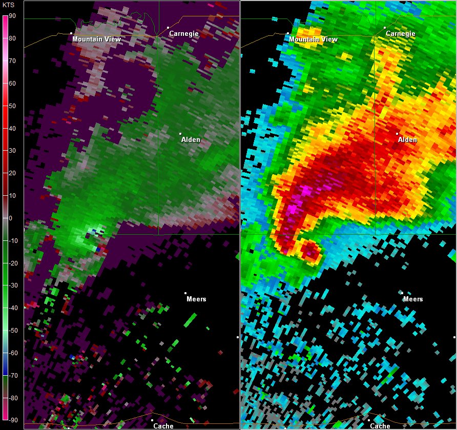 Frederick, OK (KFDR) Radar Images of Storm Relative Velocity and Reflectivity at 4:13 PM CST on November 7, 2011