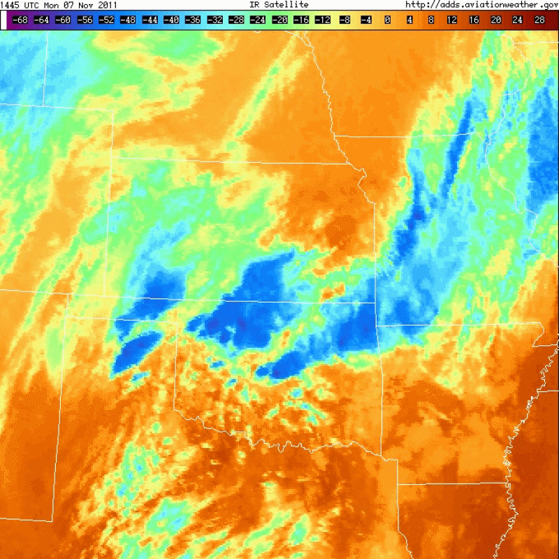 Infrared Satellite Loop from 8:45 AM CST on November 7-9:15 AM CST on November 8, 2011