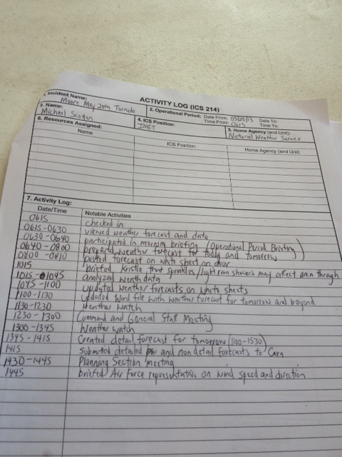 Sample Activity Log for the Incident Meteorologist (Photo by Michael Scotten, NWS)
