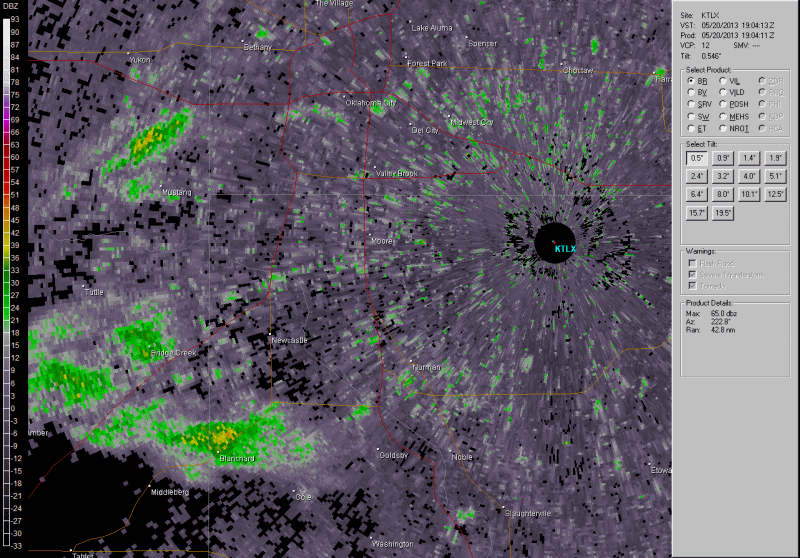 Reflectivity Loop from the Twin Lakes, OK (KTLX) Radar from 3:04 PM - 4:42 PM CDT on May 20, 2013