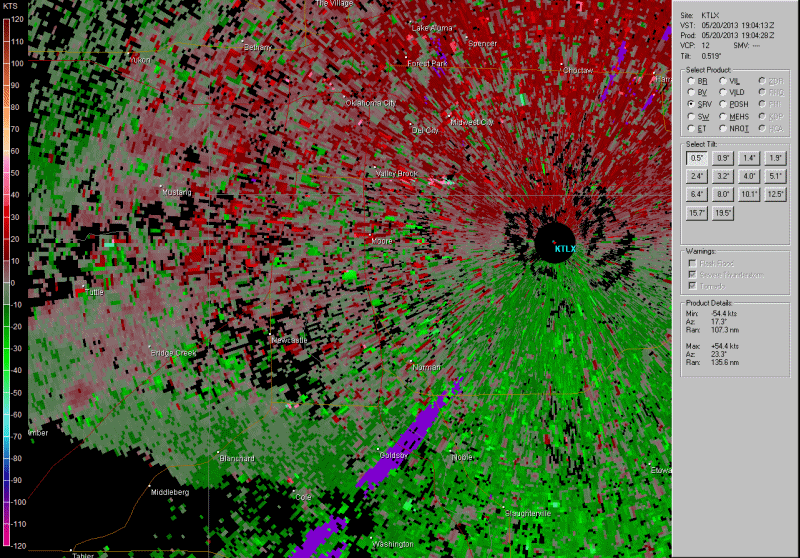 Storm Relative Velocity Loop from the Twin Lakes, OK (KTLX) Radar from 3:04 PM - 4:42 PM CDT on May 20, 2013
