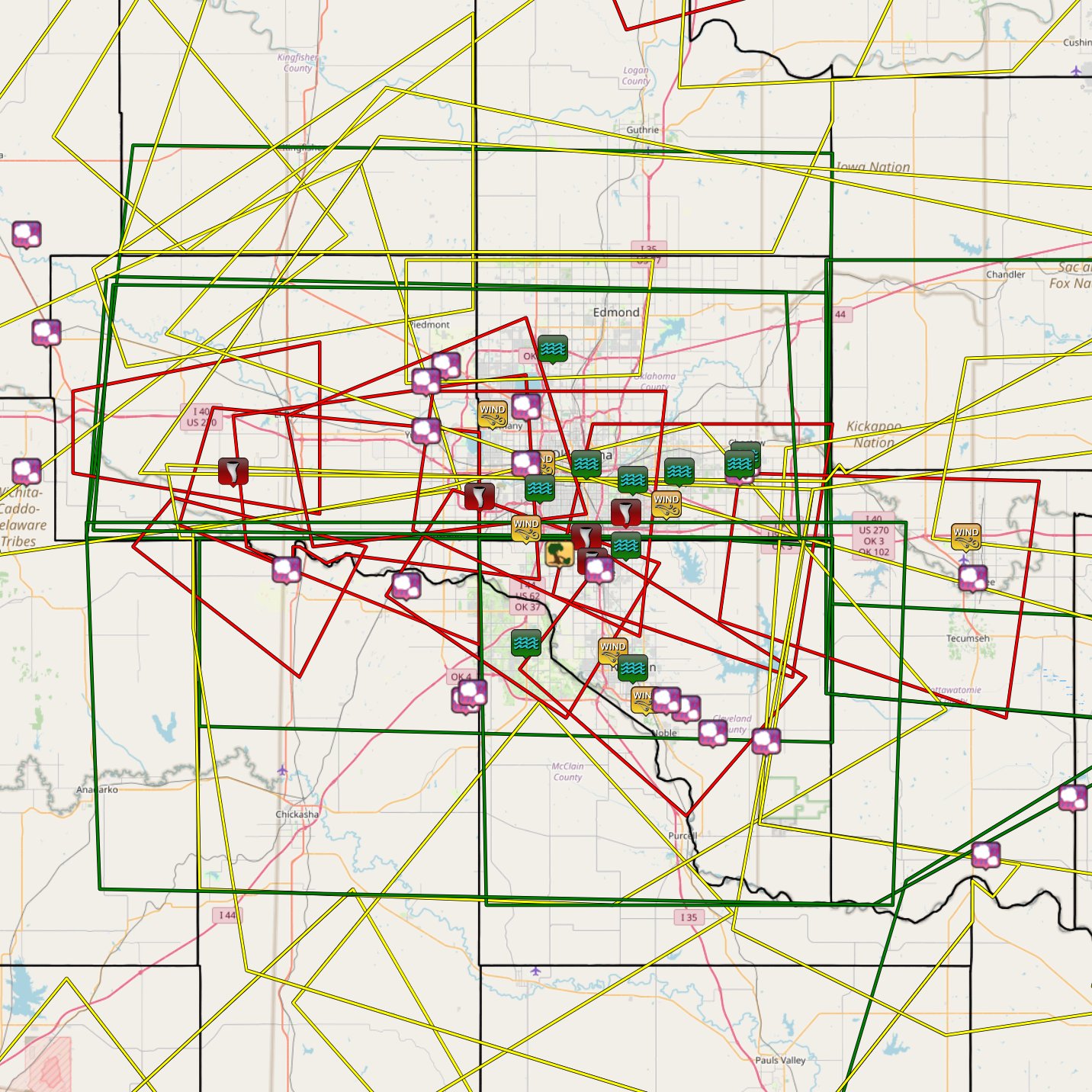 Local Storm Report Map and Warning Polygons in the OKC Metro Area for the May 31-June 1, 2013 Tornado and Flash Flooding Event in the NWS Norman Forecast Area