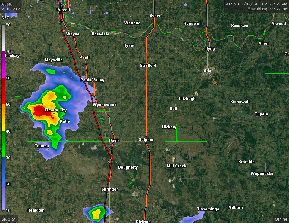 Radar Reflectivity Loop for parts of south central Oklahoma from the Twin Lakes, Oklahoma Radar (KTLX) from 2:38-5:24 pm CST (3:38-6:24 pm CDT) on May 9, 2016