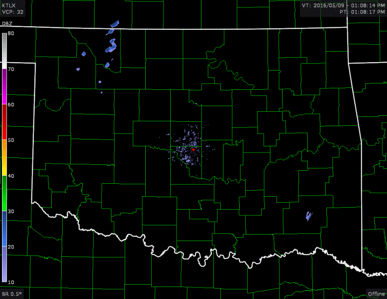 Radar Reflectivity Loop for Oklahoma from the Twin Lakes, Oklahoma Radar (KTLX) from 1:08-7:52 pm CST (2:08-8:52 pm CDT) on May 9, 2016