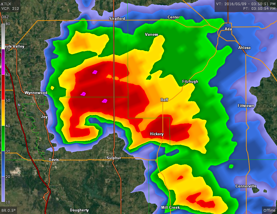 Radar Reflectivity Image of a Supercell Thunderstorm over Garvin County from the Twin Lakes, Oklahoma Radar (KTLX) at 3:50 pm CST (4:50 pm CDT) on May 9, 2016