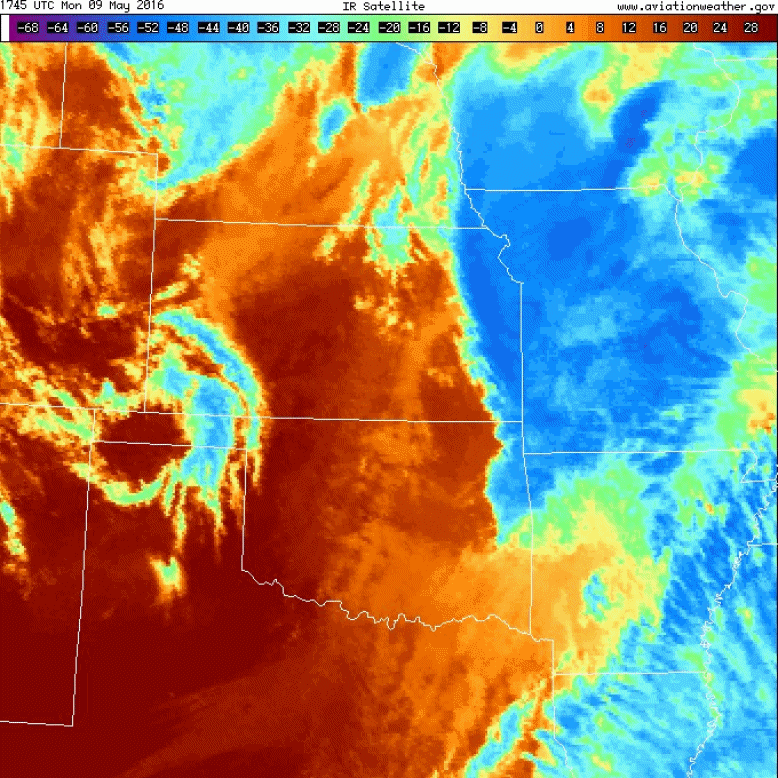 Infrared Satellite Loop of the central Great Plains region from 11:45 am-11.45 pm CST (12:45 pm-12.45 am CDT) on May 9, 2016
