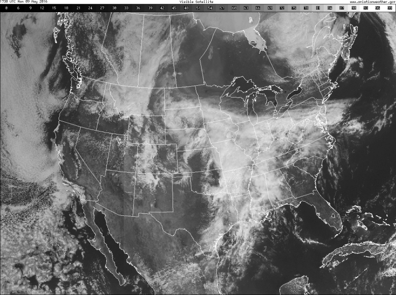 Visible Satellite Loop of the United States from 11:30 am-6:45 pm CST (12:30-7:45 pm CDT) on May 9, 2016