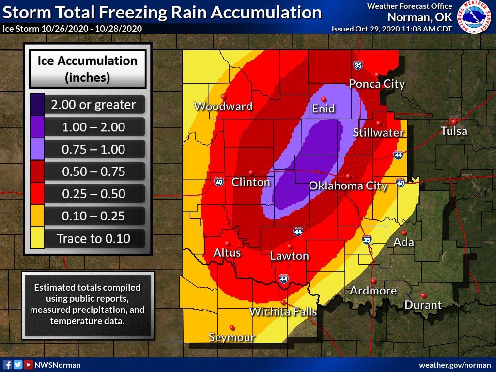 Approximate Ice Accumulation Map for the October 26-29, 2020 Winter Storm in the NWS Norman, Oklahoma Forecast Area