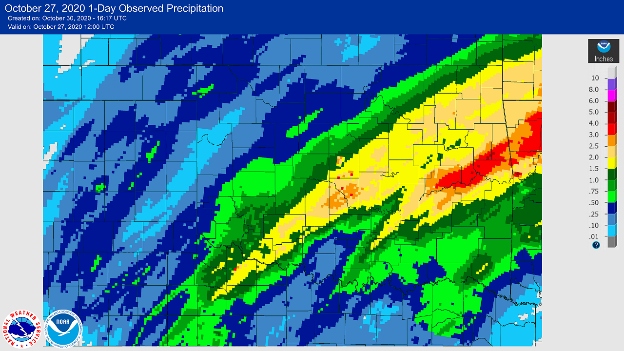 24-hour Precipitation Total ending at 7:00 AM CDT on October 27, 2020 for the NWS Norman, Oklahoma Forecast Area
