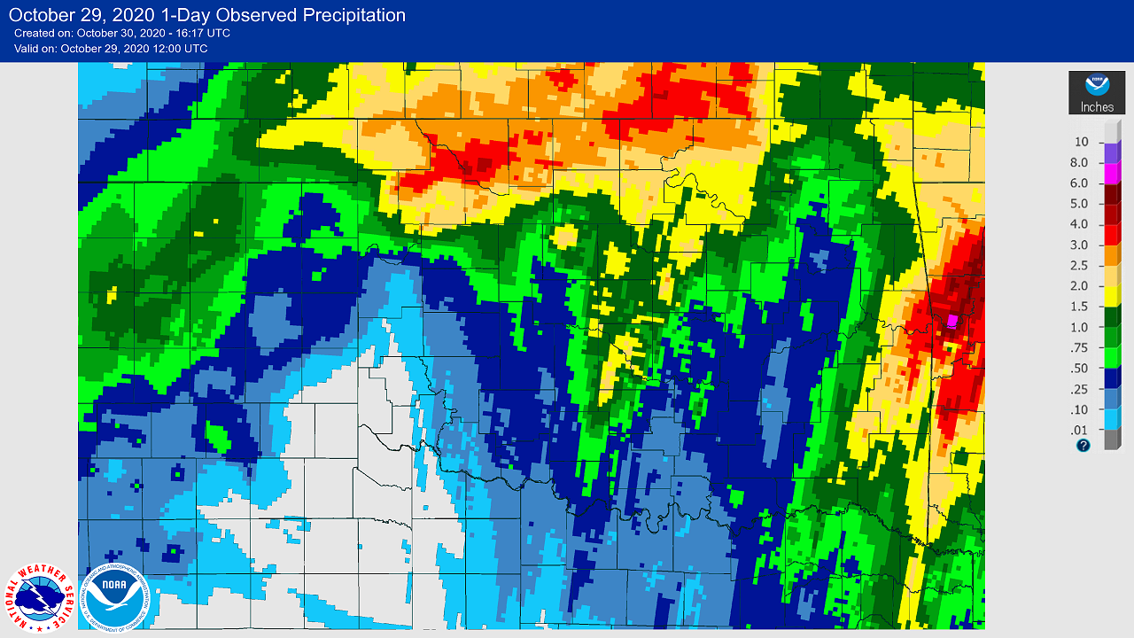 24-hour Precipitation Total ending at 7:00 AM CDT on October 29, 2020 for the NWS Norman, Oklahoma Forecast Area