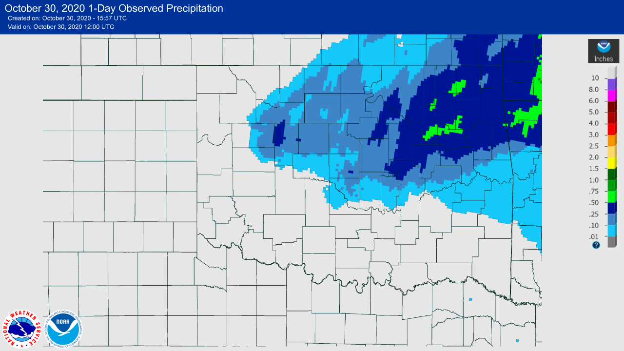24-hour Precipitation Total ending at 7:00 AM CDT on October 30, 2020 for the NWS Norman, Oklahoma Forecast Area