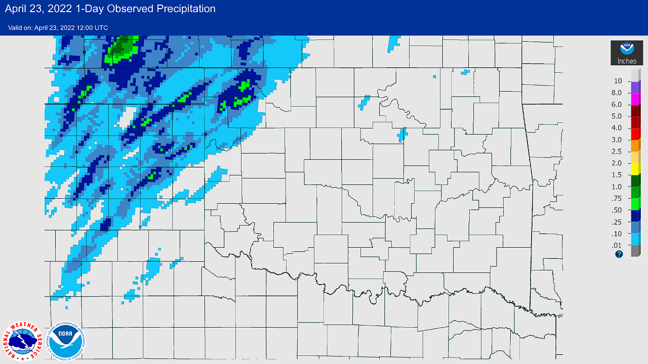 24-hour Multisensor Precipitation Totals ending at 7:00 am CDT on April 23, 2022