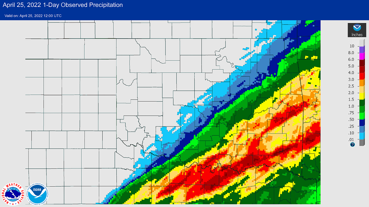 24-hour Multisensor Precipitation Totals ending at 7:00 am CDT on April 25, 2022