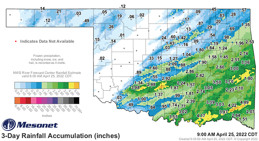 72-hour Oklahoma Mesonet Precipitation Totals/Multisensor Precipitation Totals ending at 9:00 am CDT on April 25, 2022