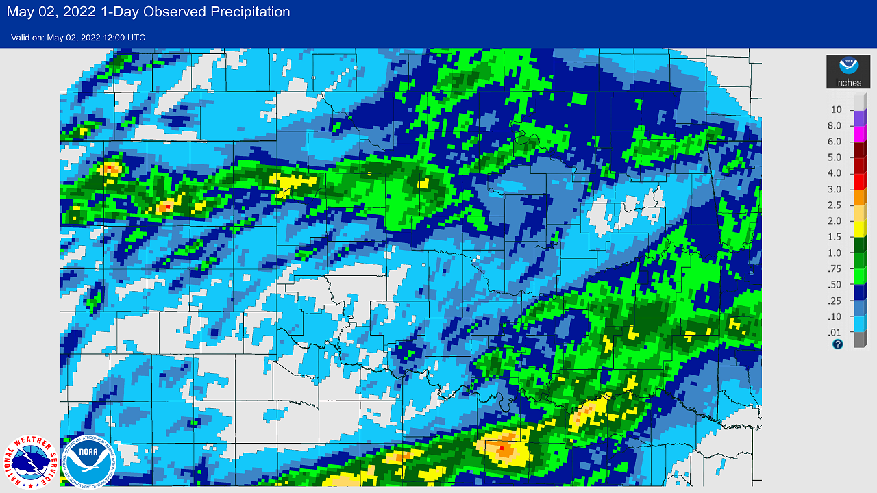 24-hour Multisensor Precipitation Totals ending at 7:00 am CDT on May 2, 2022