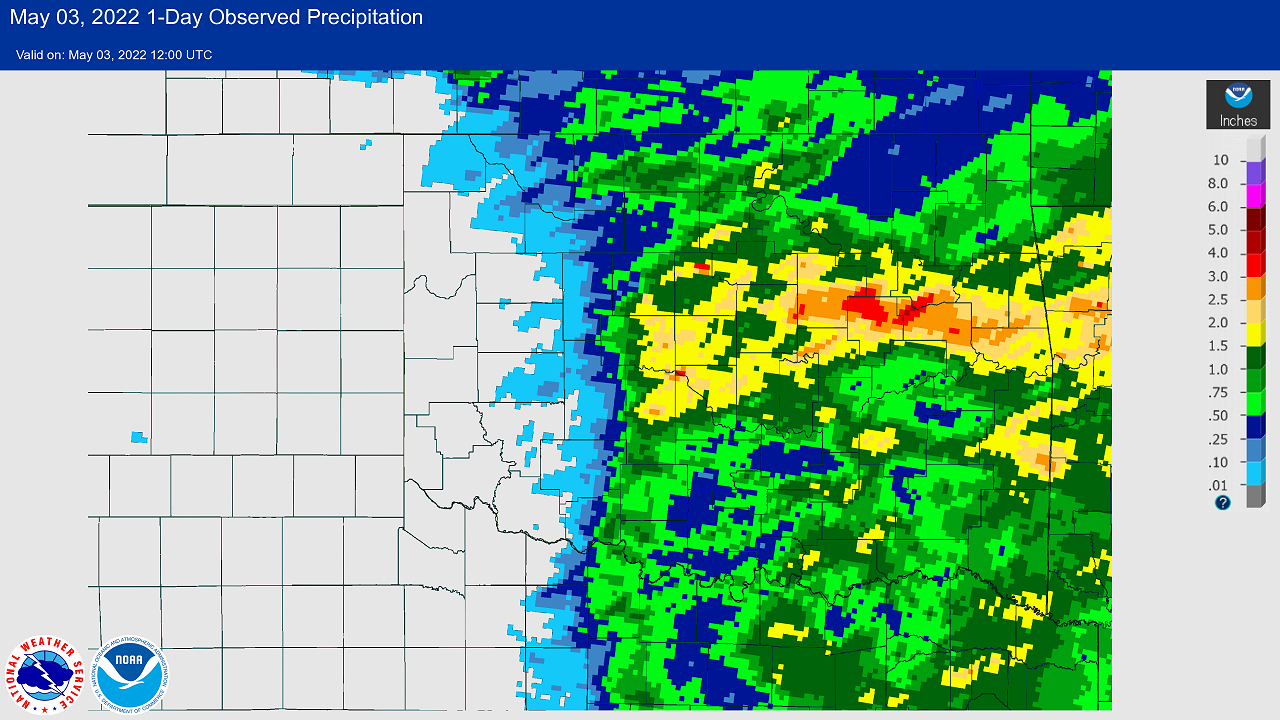 24-hour Multisensor Precipitation Totals ending at 7:00 am CDT on May 3, 2022