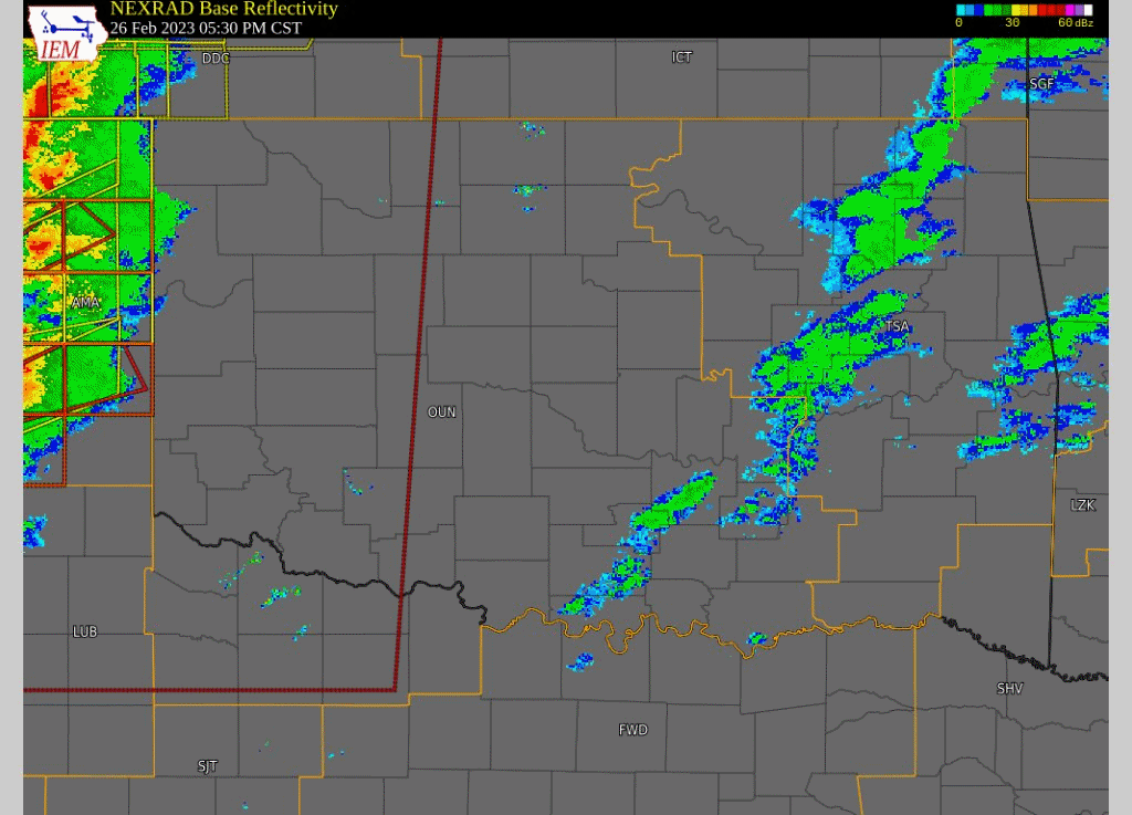 Regional Radar Loop from 5:30 pm CST on February 26, 2023 to 1:00 am CST on February 27, 2023
