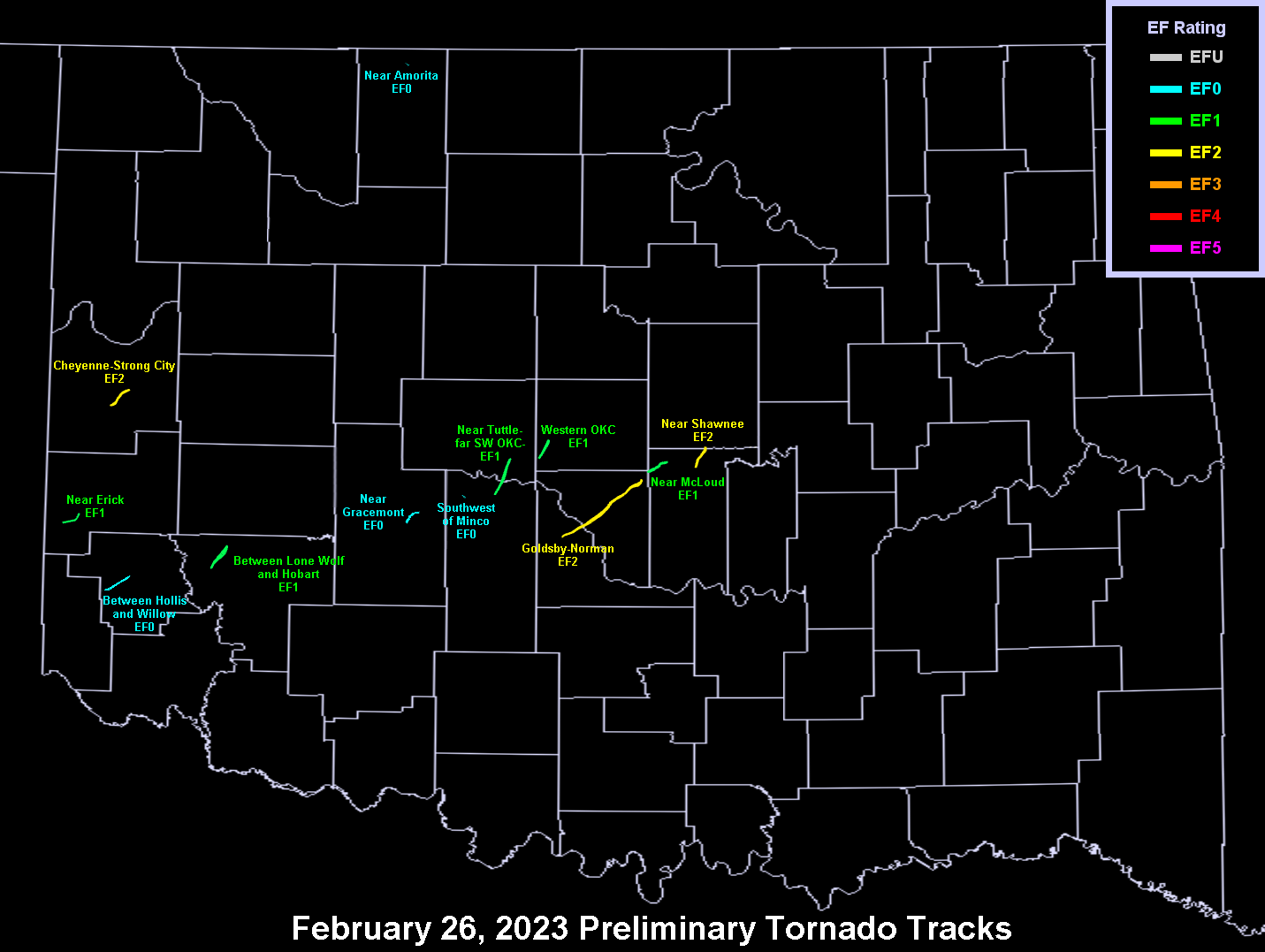 Areas Where Storm Surveys Were Conducted on February 27, 2023 and 5 Tornadoes Were Confirmed