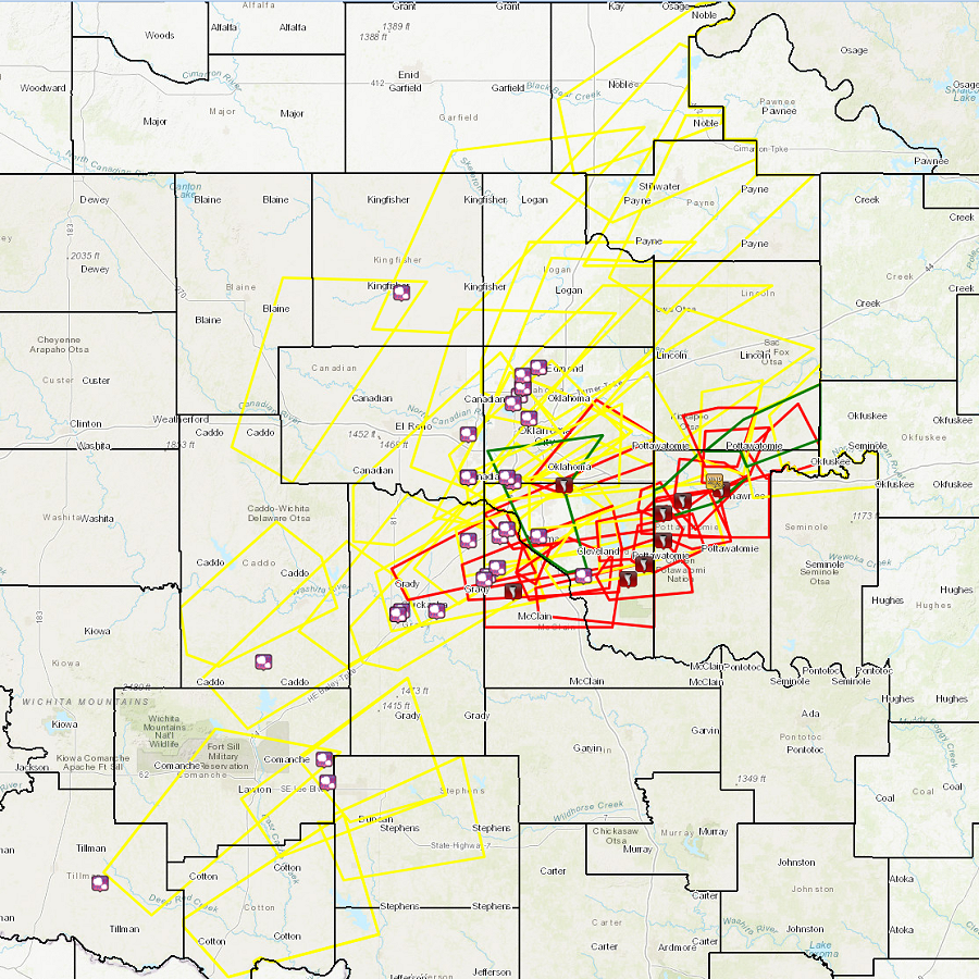 Local Storm Report Map and Warning Polygons for the April 19, 2023 Severe Weather and Tornado Outbreak in the NWS Norman Forecast Area