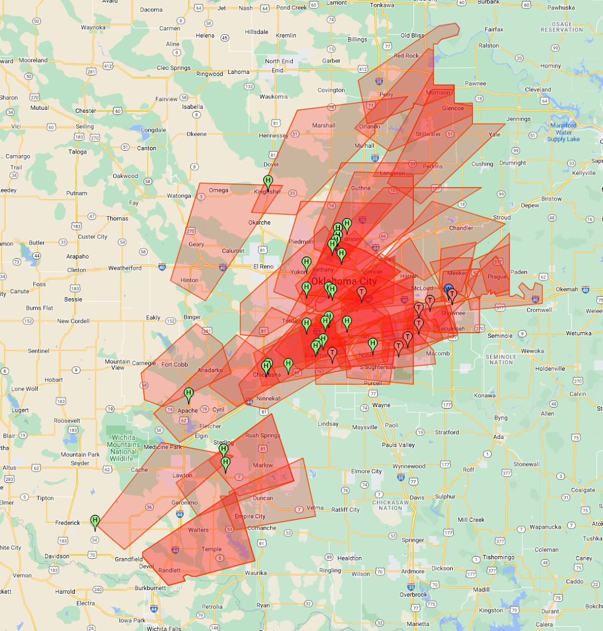 Local Storm Report Map and Warning Polygons for the April 19, 2023 Severe Weather and Tornado Outbreak in the NWS Norman Forecast Area