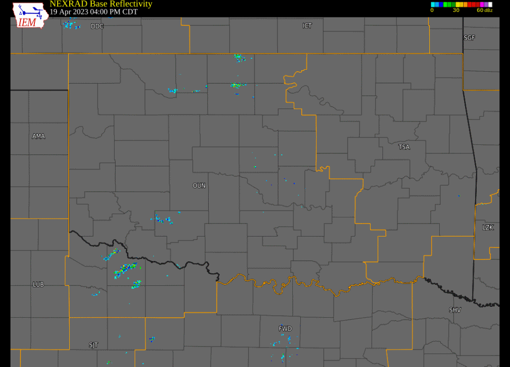 Regional Radar Reflectivity Loop with Watch and Warning Polygons from 4:00 pm CDT on April 19, 2023 to 1:00 am CDT on April 20, 2023 Created Via the ISU Iowa Environmental Mesonet Website