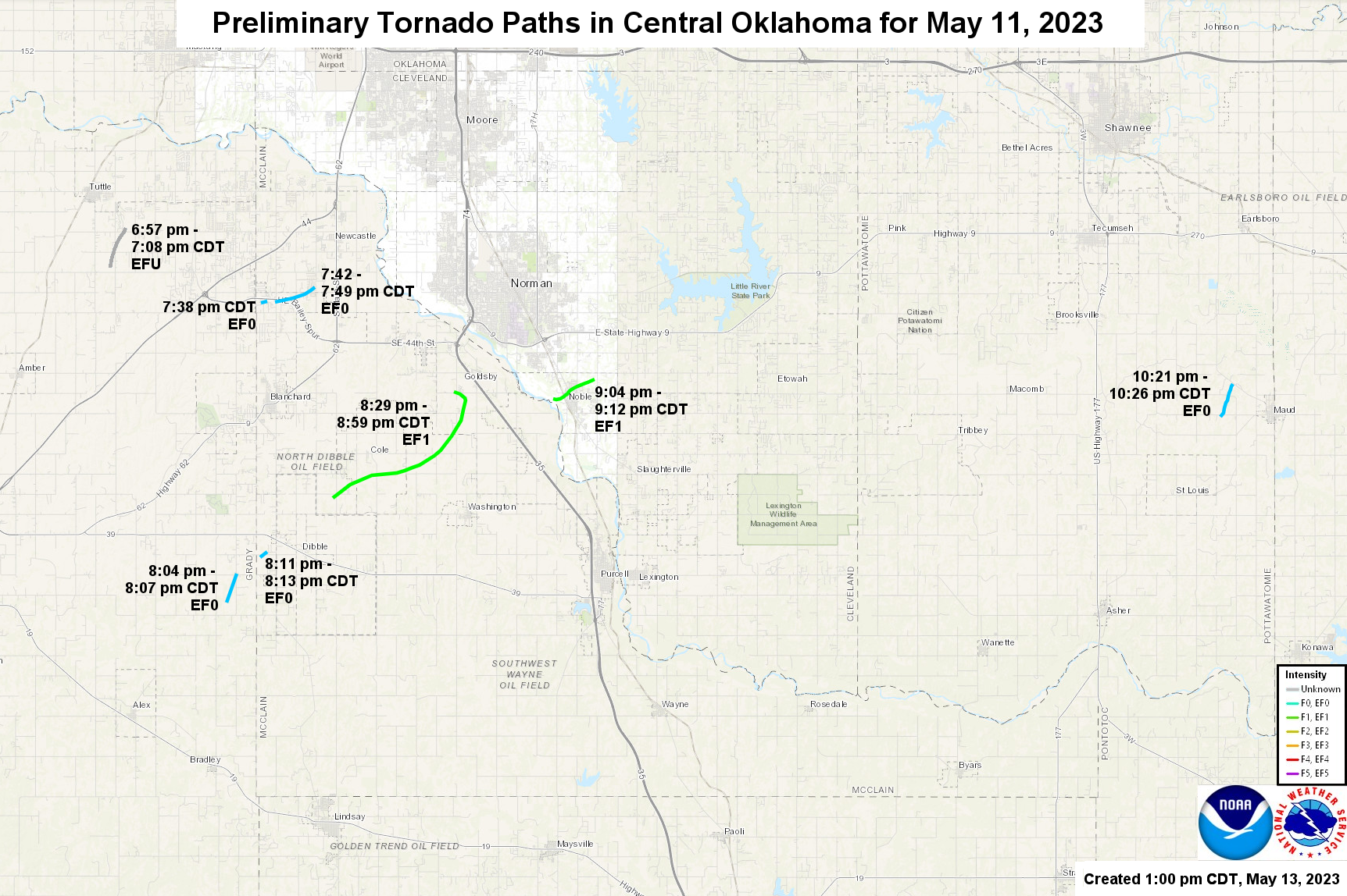 Preliminary Tornado Path Map for the May 11, 2023 Tornadoes