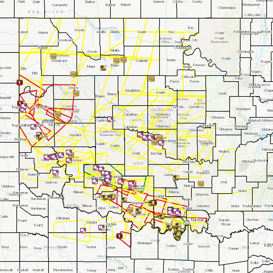 Local Storm Report Map and Warning Polygons for the June 15-16, 2023 Severe Weather Event in the NWS Norman Forecast Area