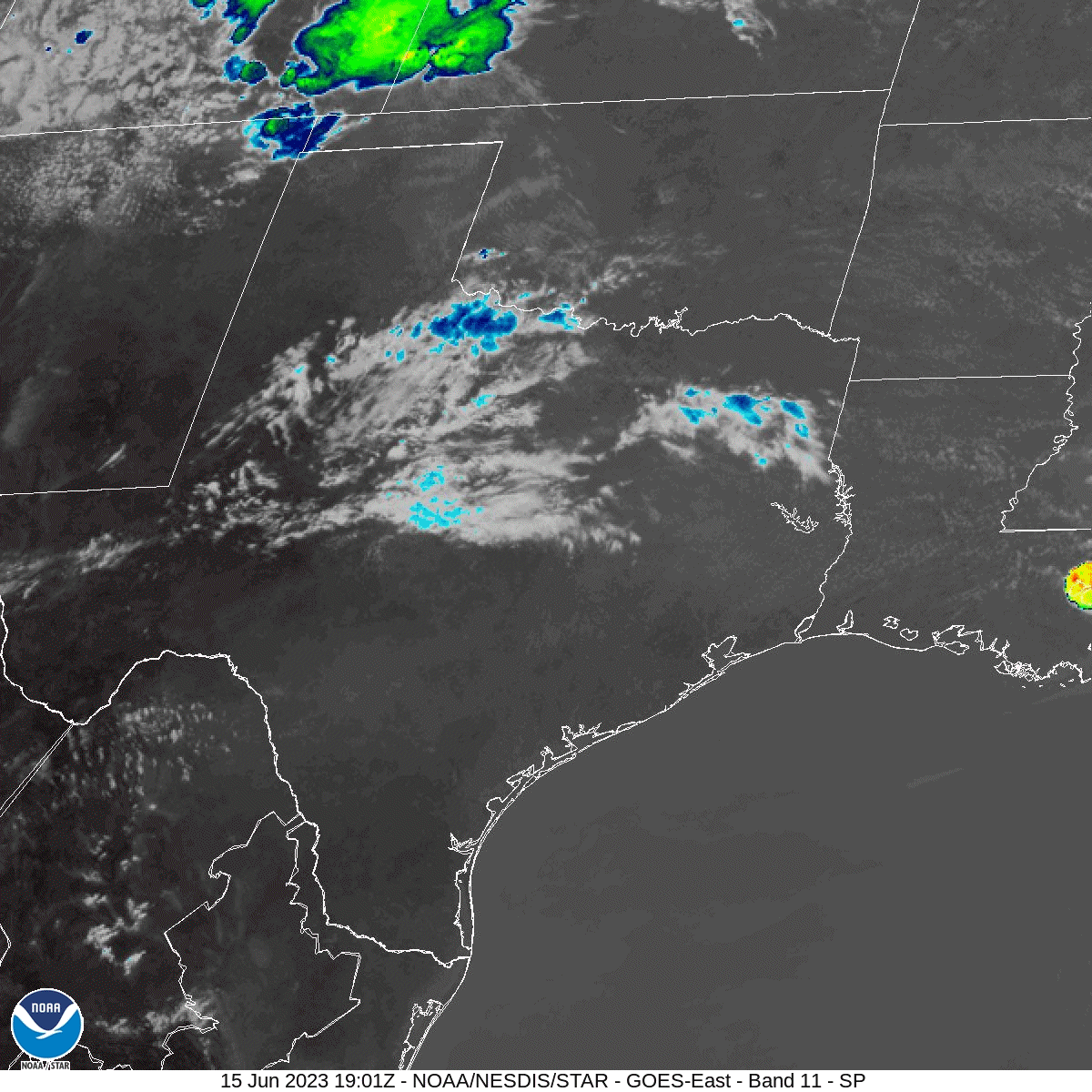 Regional Band 11 Cloud Top Infrared Satellite Loop from 3:01 pm CDT June 15, 2023 to 1:01 am CDT on June 16, 2023