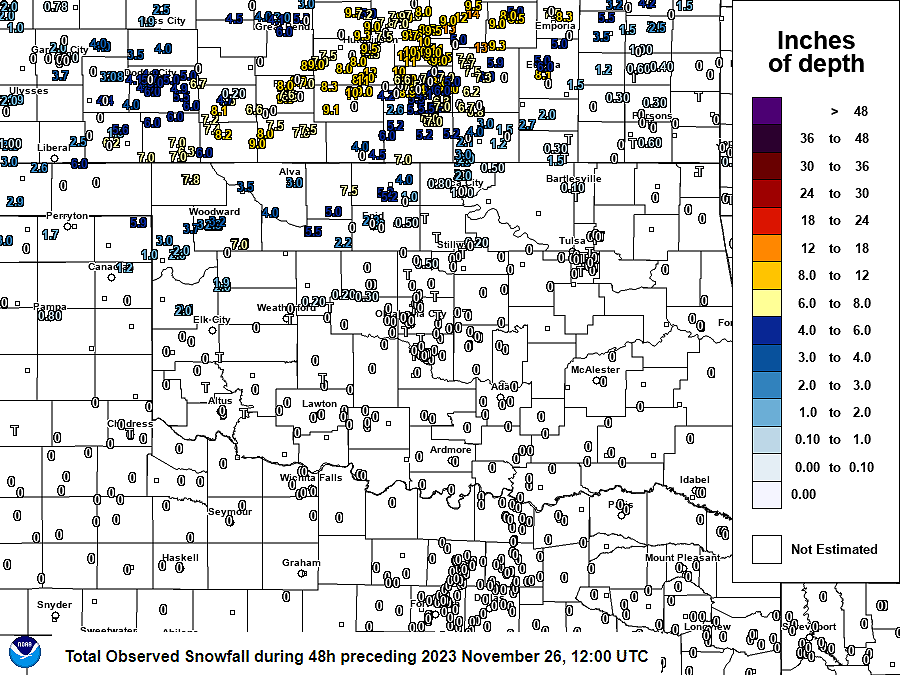 Observed Storm Total Snowfall Amounts at 6 AM CST on November 26, 2022 Created by the National Operational Hydrologic Remote Sensing Center (NOHRSC)