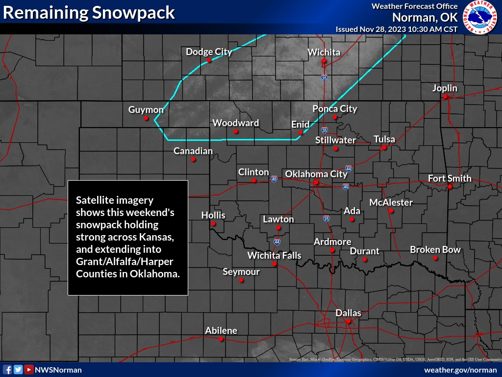Visible Satellite Image on November 28, 2023 Showing the Snow Band in Northwestern and North Central