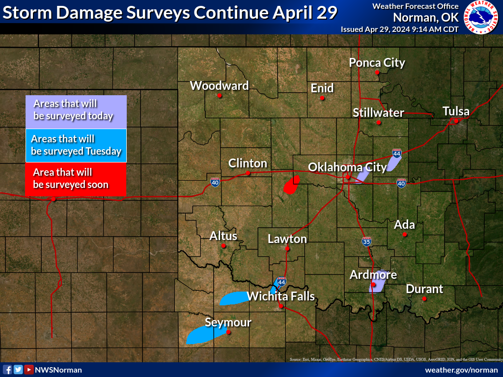 Map of Areas Being Surveyed on April 29, 2024  in the NWS Norman Forecast Area for the April 27-28, 2024 Tornado and Flash Flooding Event