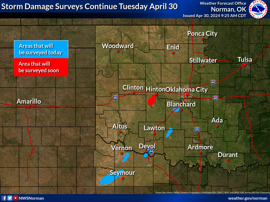 Map of Areas Being Surveyed on April 30, 2024  in the NWS Norman Forecast Area for the April 27-28, 2024 Tornado and Flash Flooding Event