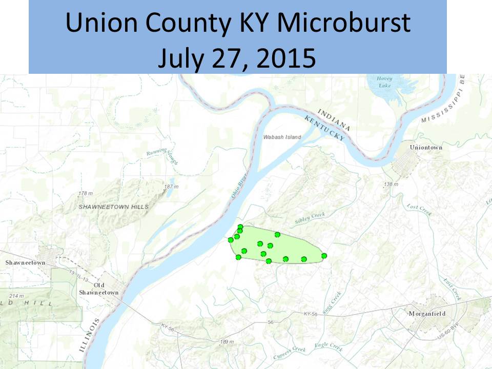 NWS Damage Survey graphic of Union Co. KY Micorburst Damage Coverage