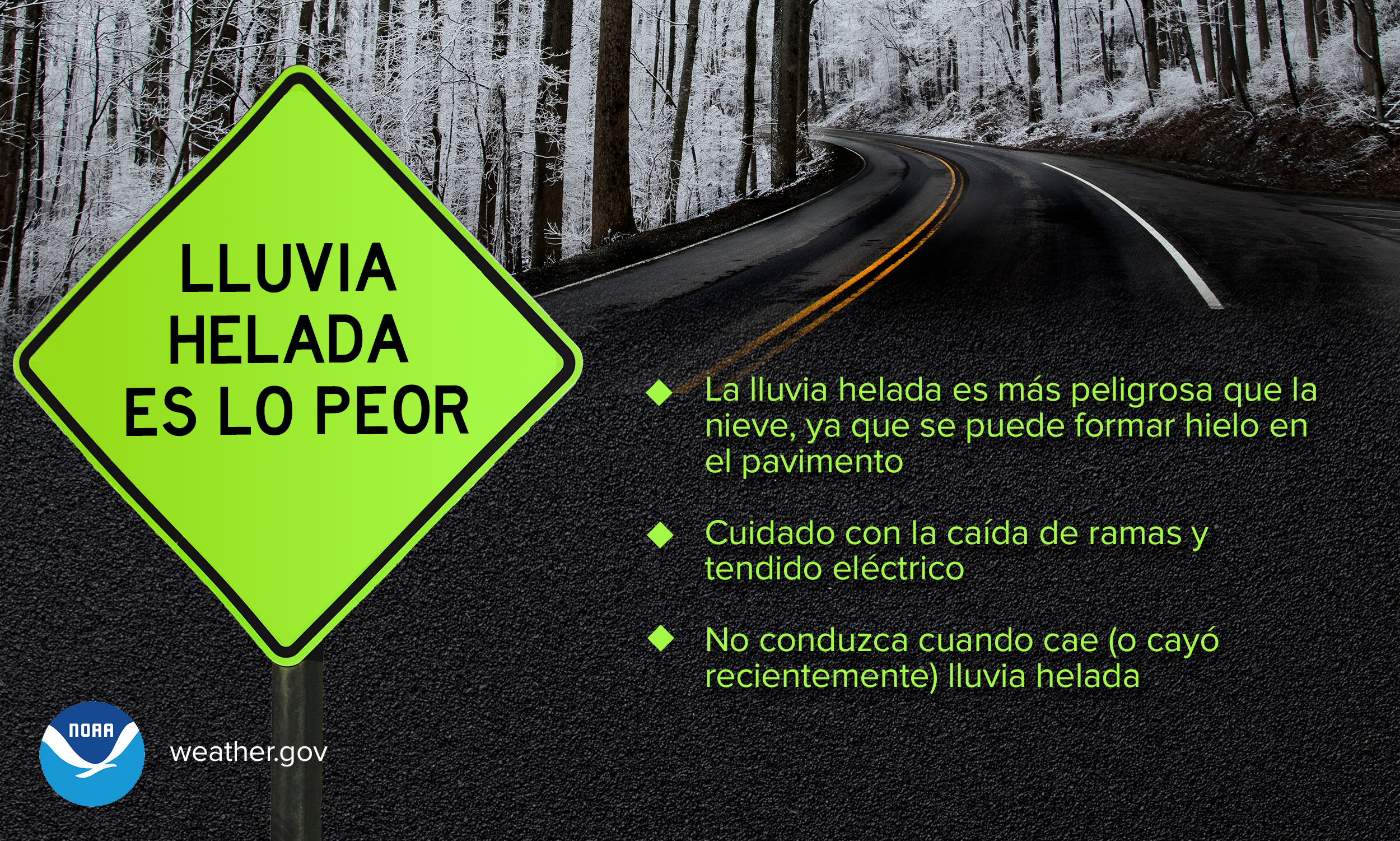 Comparado con una tormenta de nieve típica, la lluvia helada es mucho más peligrosa - especialmente en carreteras. Aunque las dos son peligrosas, es mucho más fácil perder el control de tu vehículo sobre pavimento helado, al igual que el riesgo de caída de ramas y tendido eléctrico. En definitiva: No conduzcas cuando cae (o cayó recientemente) lluvia helada. weather.gov/safety/winter