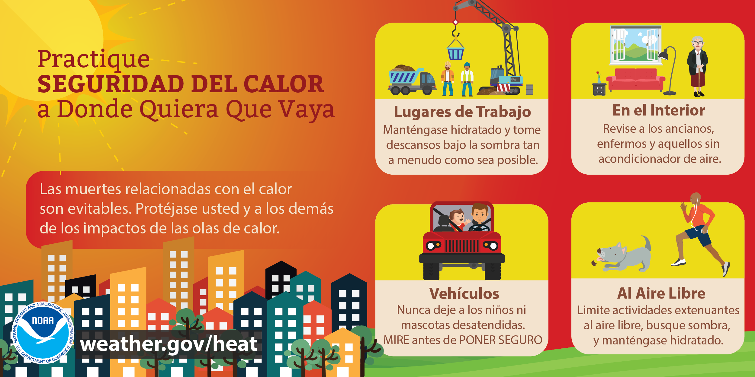 El calor suele ser la causa principal de muertes relacionadas con las condiciones del tiempo cada año. Las olas de calor tienen el potencial de afectar un área grande, exponiendo a una gran cantidad de personas a una combinación peligrosa de calor y humedad, que puede ser muy agotadora para el cuerpo. Aprenda a mantenerse seguro durante una ola de calor en weather.gov/heat 