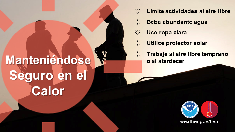 ¡Manténgase seguro en el calor! Limite actividades al aire libre. Beba mucha agua y evite tomar alcohol. Vista ropa clara y lleve bloqueador solar. Trabaje al aire libre temprano o al atardecer. weather.gov/heatsafety 