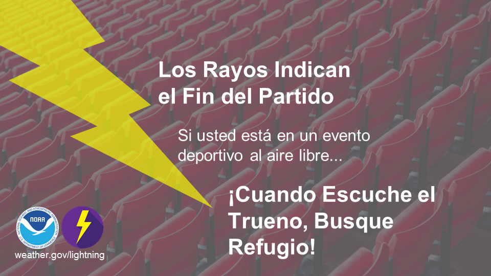 Independientemente de si usted se encuentra en un partido de pelota de niños o en un evento deportivo profesional, las mismas reglas aplican: ¡cuando escuche el trueno, busque refugio! Nunca es seguro estar al aire libre cuando hay rayos en el área. weather.gov/lightning 