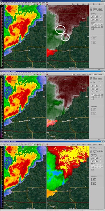 Reflectivity(L)  and storm-relative velocity(R) 08 Mar 2009. Two tornadic circulations in Wayne county, IL at 1739 UTC. The image depicts three different color scales to show ease of interpretation. The top storm-relative velocity image has the circulation in white circles and is a typical red/green color scale. The middle image uses the popular Ã�ï¿½Ã�Â¢Ã�Â¯Ã�Â¿Ã�Â½Ã�Â¯Ã�Â¿Ã�Â½BookbinderÃ�ï¿½Ã�Â¢Ã�Â¯Ã�Â¿Ã�Â½Ã�Â¯Ã�Â¿Ã�Â½ velocity color scale, while the bottom image uses a local QLCS color scale. 